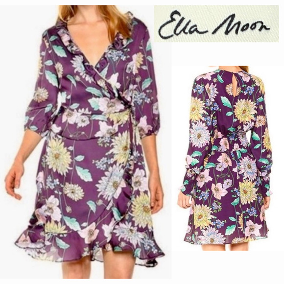 Anthro Ella Moon Dress FLORAL Ruffle Wrap Plum Derby Tea Party Church Modest - Picture 1 of 13